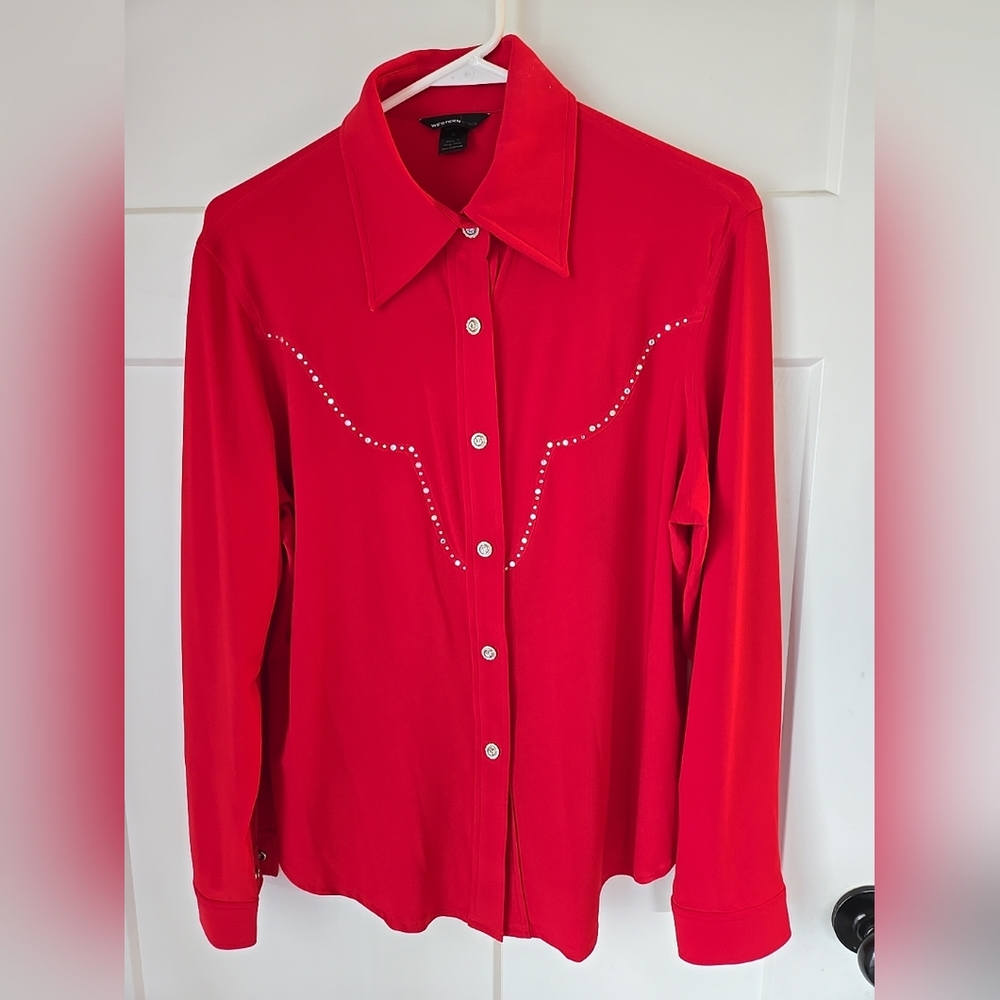 Western Ethics Red Western Jersey w/Rhinestone Cowgirl Shirt Sz XL - Picture 2 of 8
